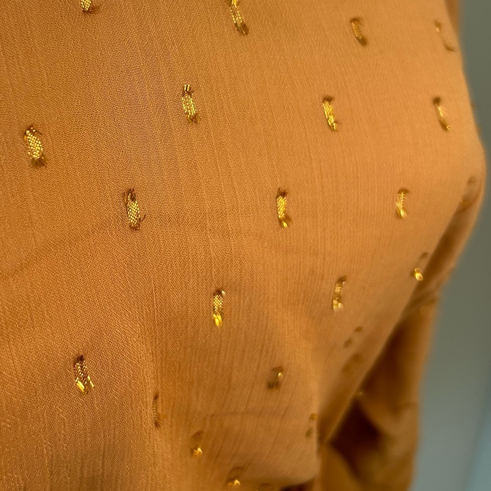 Women’s Express Sheer Long Sleeve Ruche Waist Peplum Top- Sienna w/ Gold- Medium - Picture 2 of 3